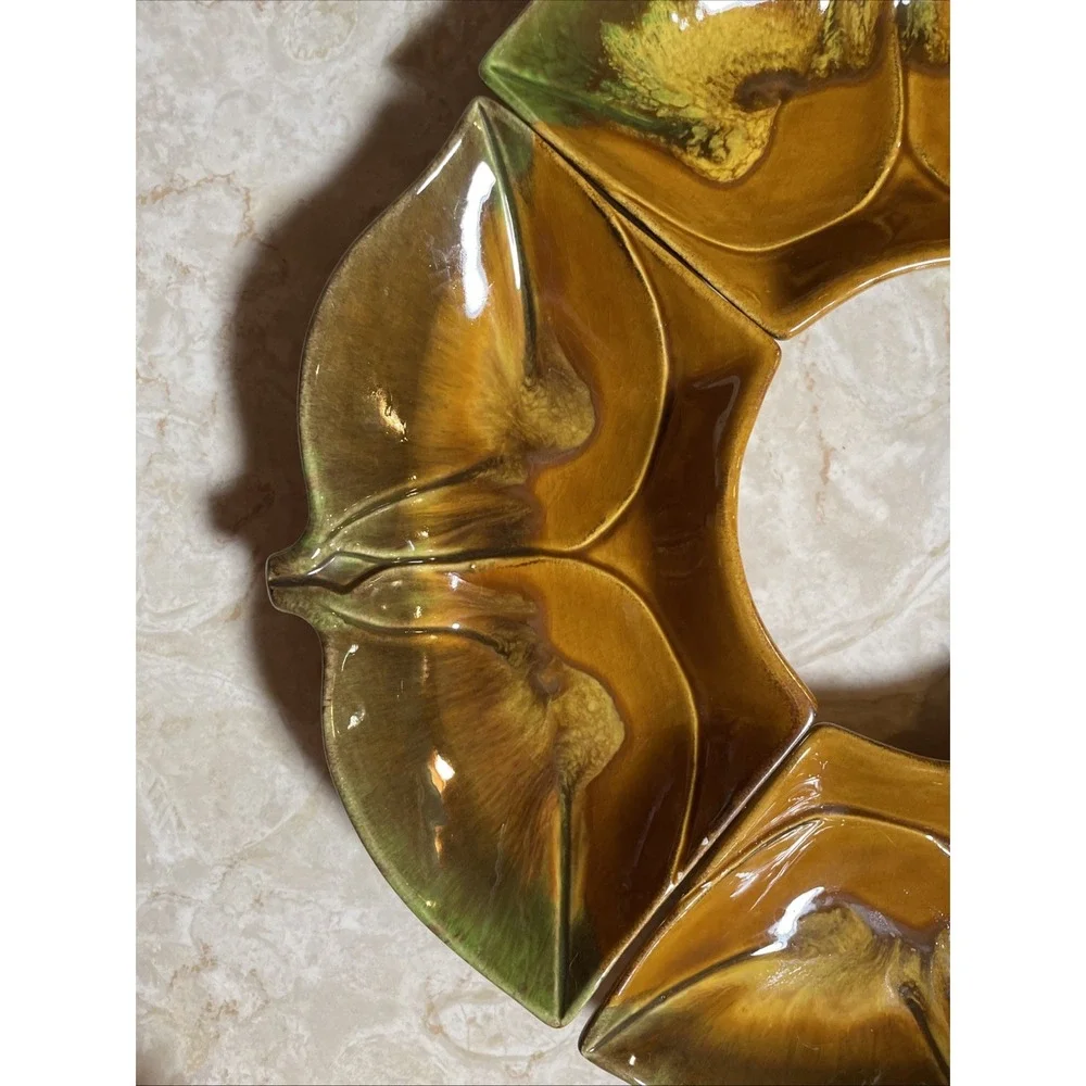 Vintage MCM ceramic lazy susan relish dish set leaf‎ or acorn green brown glaze
